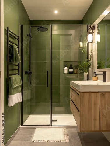 Modern Olive Green Bathroom With Wood Vanity