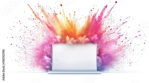 Colorful powder explosion behind a laptop.