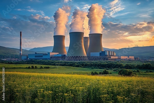 Cooling towers release steam while a power station stands amidst fields at sunset, showcasing energy production in a natural setting. Generative AI photo