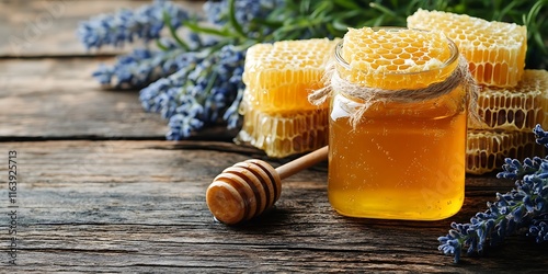 Jar of honey with honeycomb photo