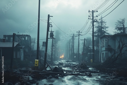 Ruins of a once-thriving neighborhood are now shrouded in mist, showcasing broken structures and damaged utility lines amidst destruction. Generative AI photo