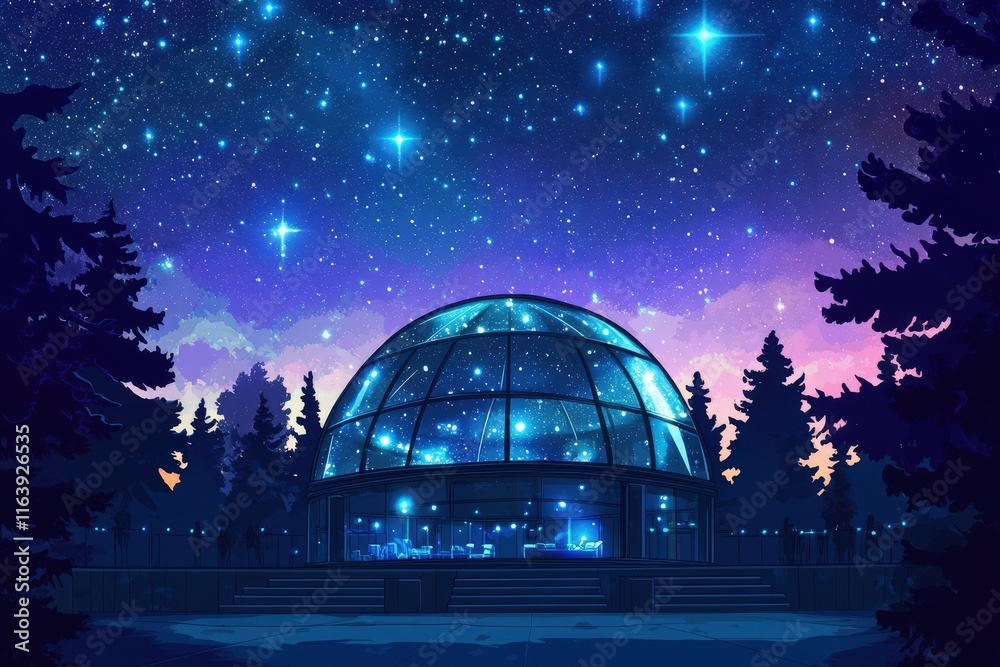Obraz premium Nighttime Observatory Surrounded By Trees Under Starry Sky