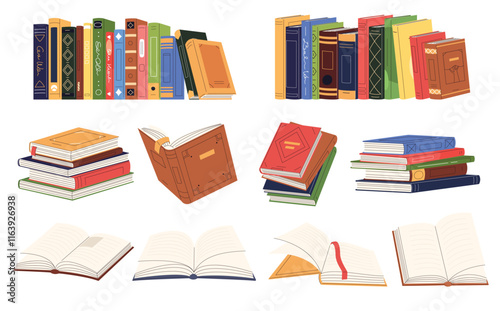 Vector illustration of a colorful book set with varied sizes, arranged upright and stacked, on a clean background. Ideal for education or literary themes. Vector illustration