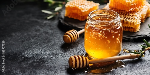 Jar of honey with honeycomb photo