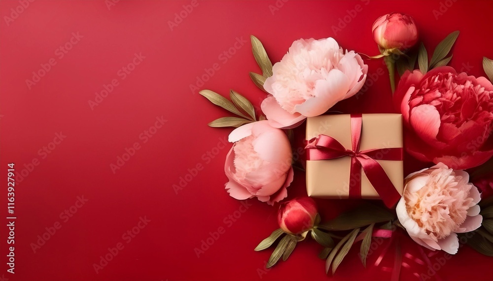 Fototapeta premium delicate peonies and gift box with space for text - template for unscrewing happy birthday, march 8, mother's day