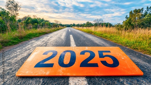 An orange sign displaying 2025 is positioned prominently on a rural road surrounded by lush greenery and a scenic sky, This image can symbolize future planning, innovation, or upcoming events,