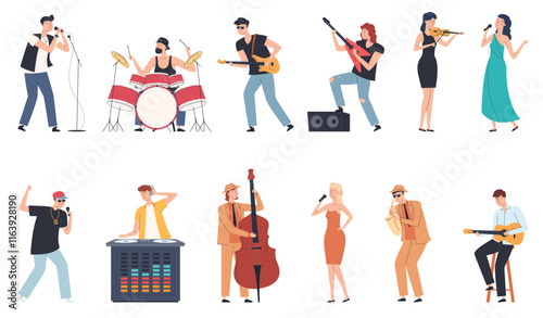 Musicians and singers. Different styles of music. People playing different instruments. Music festivals. Vector illustrations