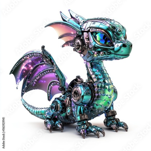 Miniature robot dragon with sparkling scales. vector style art 3d illustration Isolated on White Background  photo