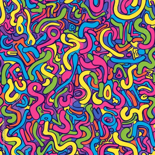 Vibrant retro 90s inspired abstract geometric seamless pattern with fun doodle pop art elements photo