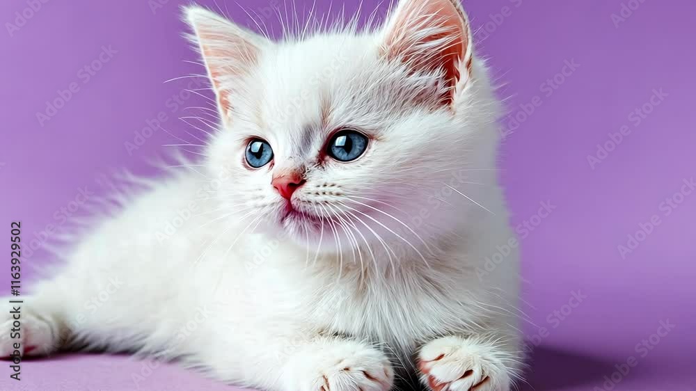 Cute fluffy white kitten with blue eyes resting on a soft purple background during daylight Cute fluffy white kitten with blue eyes resting on a soft purple background during daylight
