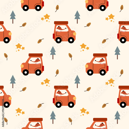 Fox drive car cartoon so cute. On leaf tree star background. Pattern seamless vector illustration. 
