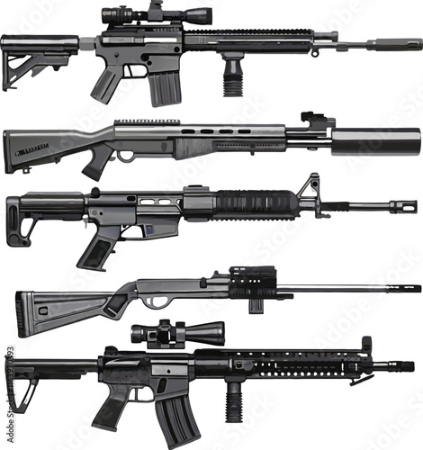 Set of weapon silhouette illustration. Army gun, knife, pistols, assault riffle gun, shotgun, sniper rifle, rocket launcher, grenades.