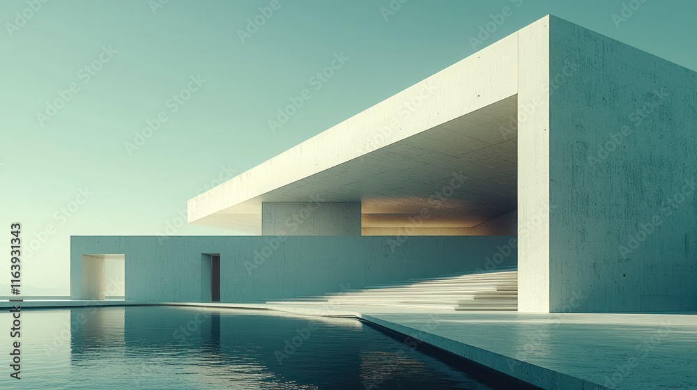 Fototapeta premium Modern architectural structure with serene water feature.