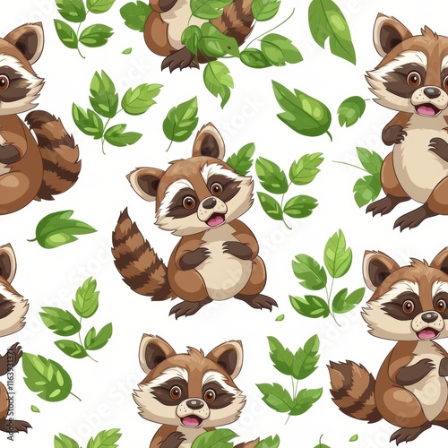 Charming cartoon raccoons pattern for vibrant and playful design projects and creative inspiration photo