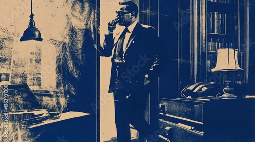Vintage illustration of a man in a suit talking on the phone.