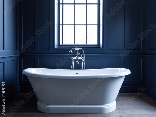 Freestanding bathtub in a navy blue paneled bathroom