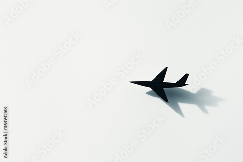 Schwarzes Flugzeug in der Luft mit Schatten auf hellem Hintergrund

 photo