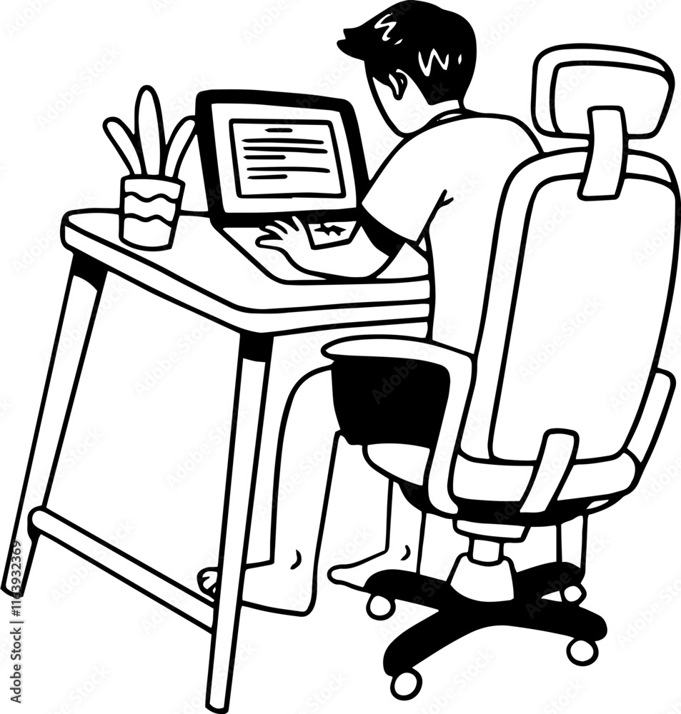 Fototapeta premium Digital Nomad Man Cartoon Character Outline