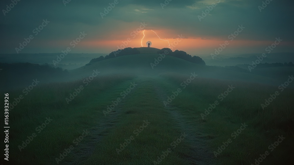 Fototapeta premium Misty field path leading to hilltop with lightning strike at sunrise.