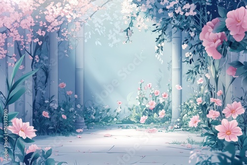 Serene Garden Scene with Pink Flowers and Stone Pillars