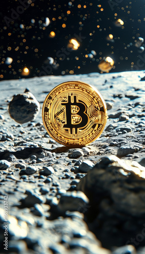 gold bitcoin floating in space, moon, all time high bitcoin price, crypto currency to the moon, digital gold, futuristic cash, crypto investment
