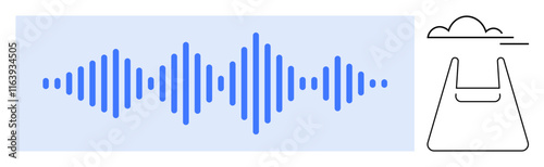 Blue soundwave pattern with even spacing, black cloud icon over a data storage drawer. Ideal for technology, audio, cloud storage, sound recording, data management, streaming innovation. Abstract