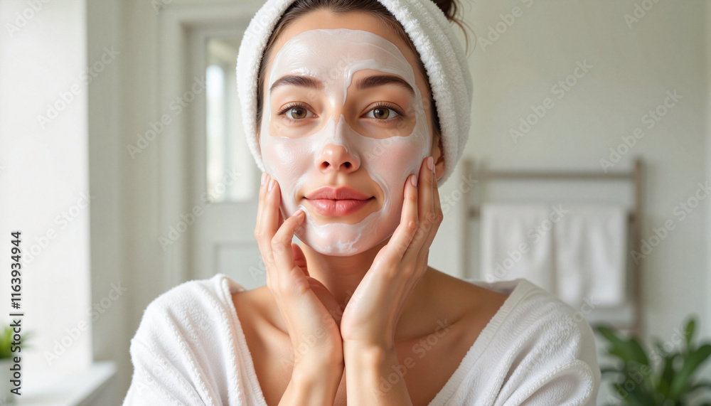 Woman applying facial mask with a calm expression in a bright room Woman applying facial mask with a calm expression in a bright room