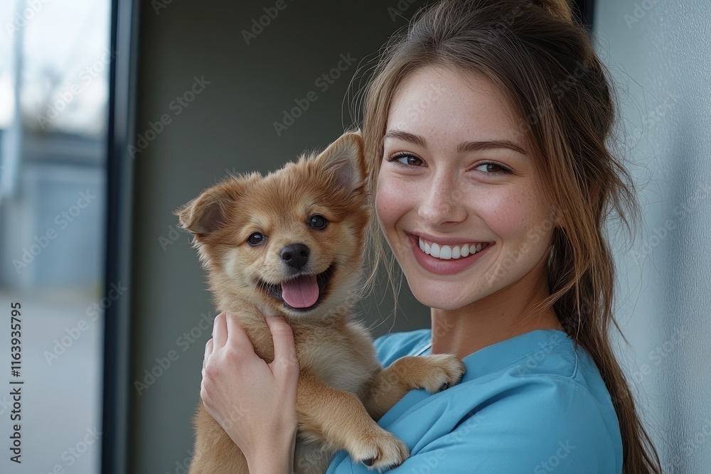 Veterinarian holding a happy puppy at veterinary clinic Veterinarian holding a happy puppy at veterinary clinic
