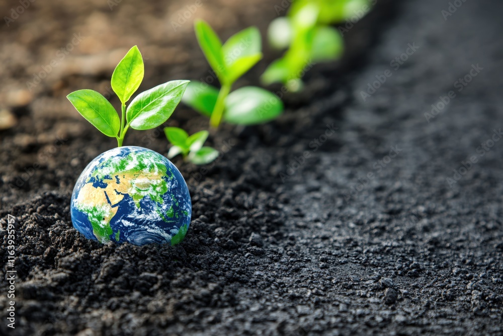 Green Plant Sprouting from Earth with Globe Symbolizing Environmental Awareness Green Plant Sprouting from Earth with Globe Symbolizing Environmental Awareness