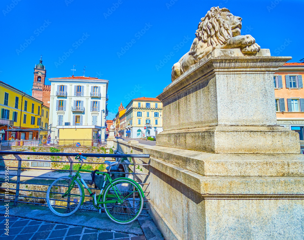 Historic Ponte dei Leoni bridge in citycenter of Monza city, Italy