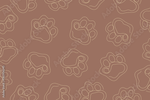 Seamless dog paw print. Texture, pet, paw, footprint, puppy, cat, background, foot, silhouette, path. Conceptual design. Vector illustration on mocha mousse background