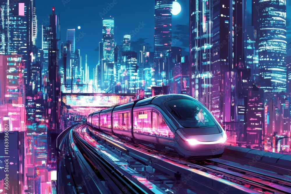 Fototapeta premium Futuristic Train Speeding Through Neon Cityscape at Night