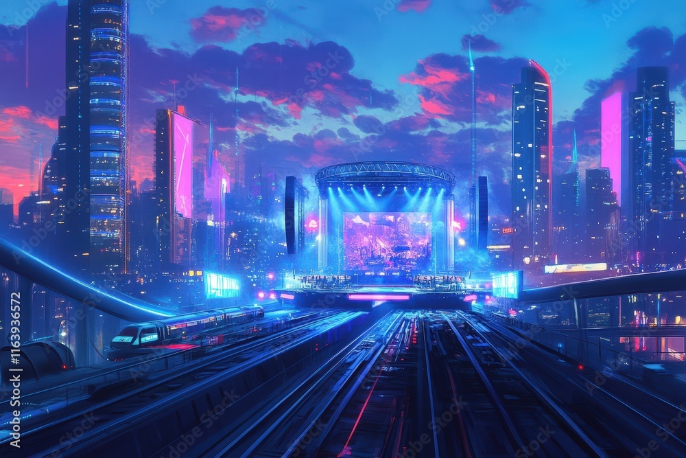 Fototapeta premium Futuristic Cityscape Concert Stage Train View