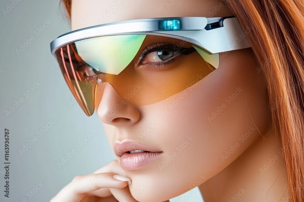 Naklejka premium Stylish Young Woman with Modern Sunglasses Showcasing Fashionable Summer Look