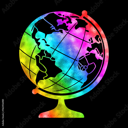 地球儀の虹色グラデーションのシルエットイラスト　黒背景の切り抜き