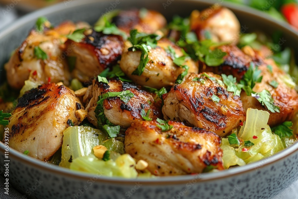 Delicious roasted chicken bites with green vegetables and fresh herbs in a bowl Delicious roasted chicken bites with green vegetables and fresh herbs in a bowl