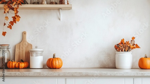 Cozy Autumn Kitchen Decor with Pumpkins, Flowers, and Natural Elements photo