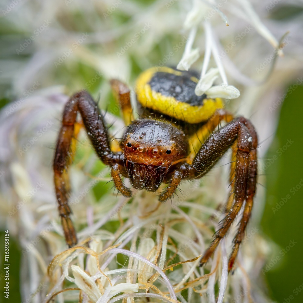 Macro shot of a colorful spider on a plant.