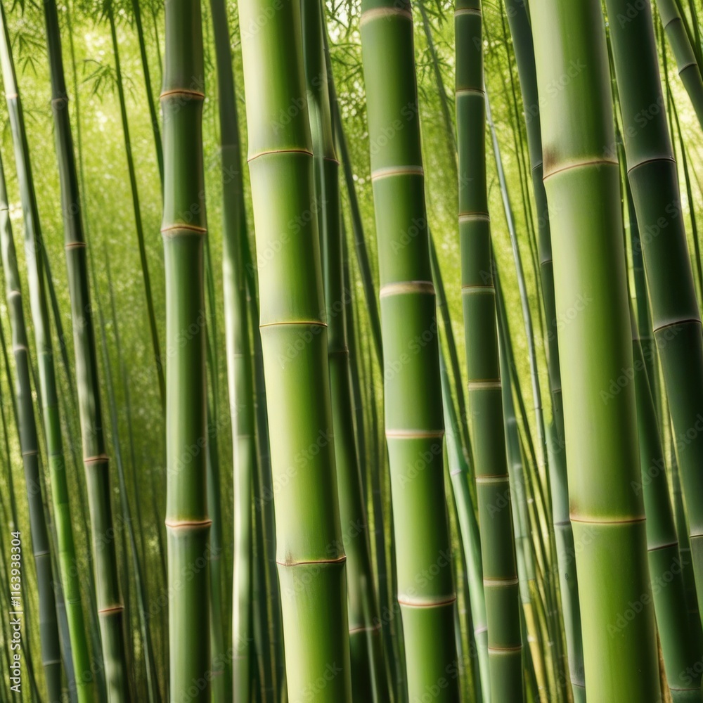 A dense grove of tall, slender bamboo stalks bathed in warm sunlight, creating a serene and tranquil scene.