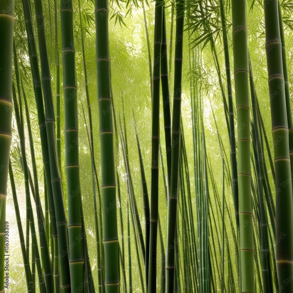 Fototapeta premium A dense grove of tall, slender bamboo stalks bathed in warm sunlight, creating a serene and tranquil scene.