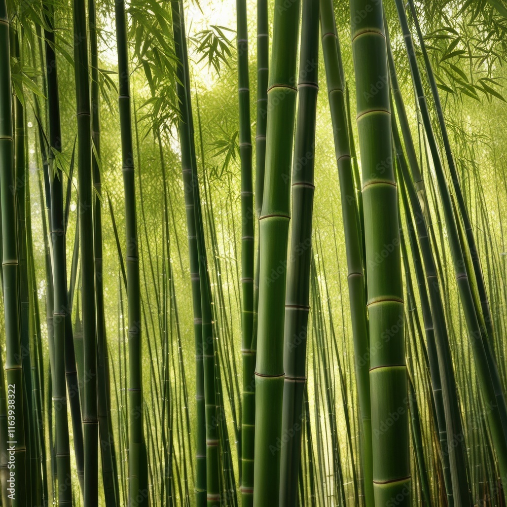 Fototapeta premium A dense grove of tall, slender bamboo stalks bathed in warm sunlight, creating a serene and tranquil scene.