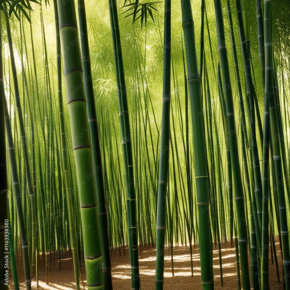 Fototapeta premium A dense grove of tall, slender bamboo stalks bathed in warm sunlight, creating a serene and tranquil scene.