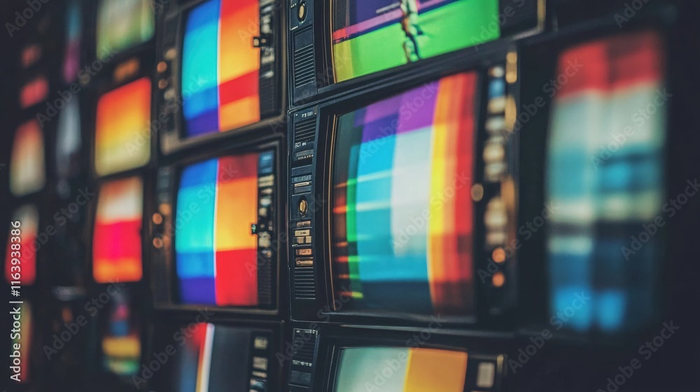 Colorful Display of Retro Television Screens in an Artistic Arrangement Colorful Display of Retro Television Screens in an Artistic Arrangement
