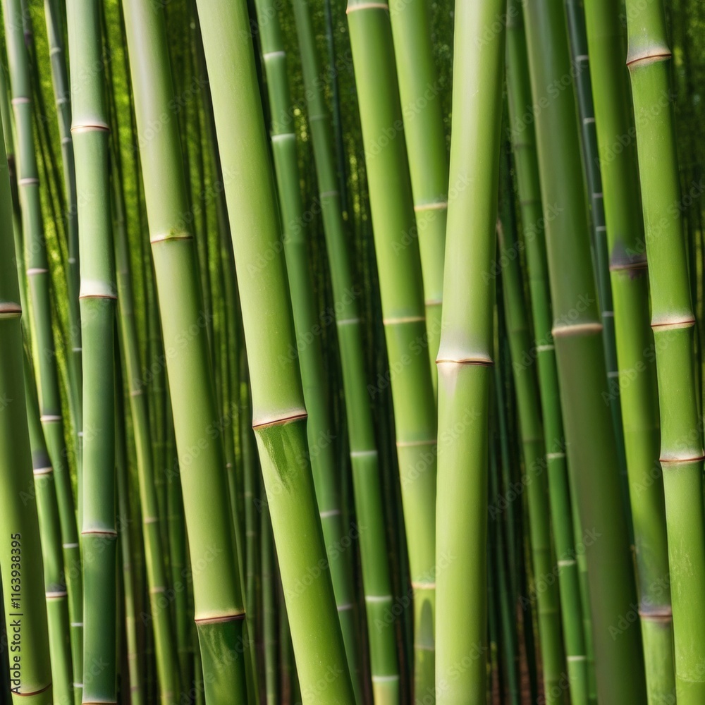 Fototapeta premium A dense grove of tall, slender bamboo stalks bathed in warm sunlight, creating a serene and tranquil scene.