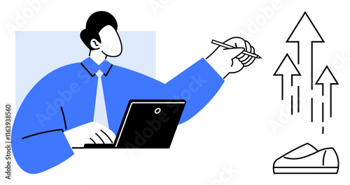 Business professional working on laptop, pointing at ascending arrows indicating growth. Ideal for business strategy, career development, financial planning, market analysis, growth metrics