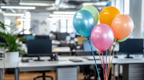 Colorful Balloons and Confetti in Bright Office