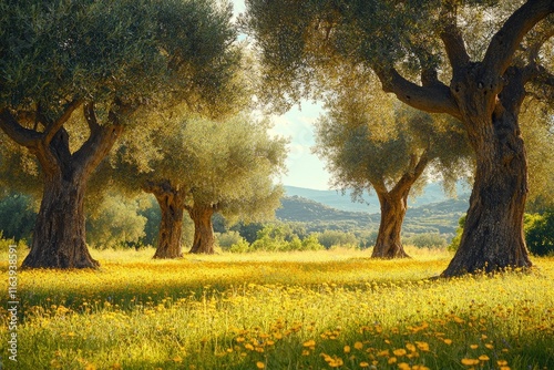 Majestic olive trees growing in a field of yellow flowers at sunset