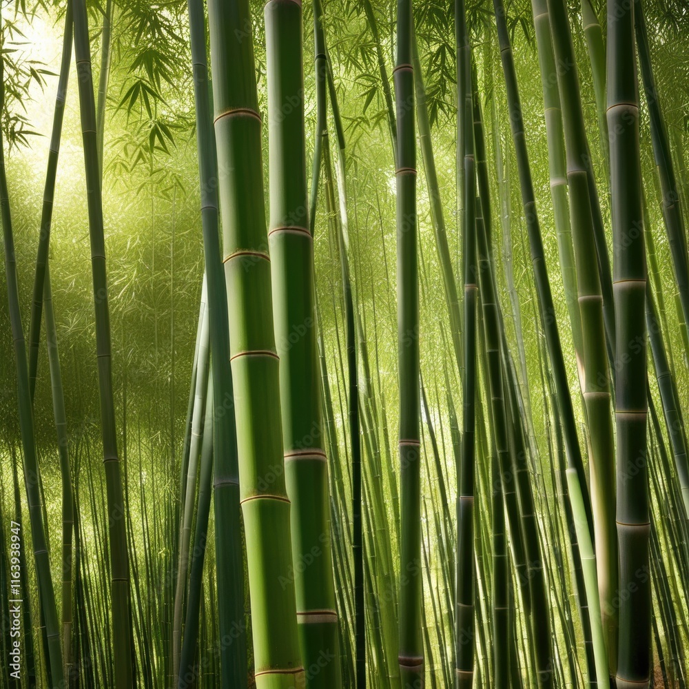 Fototapeta premium A dense grove of tall, slender bamboo stalks bathed in warm sunlight, creating a serene and tranquil scene.