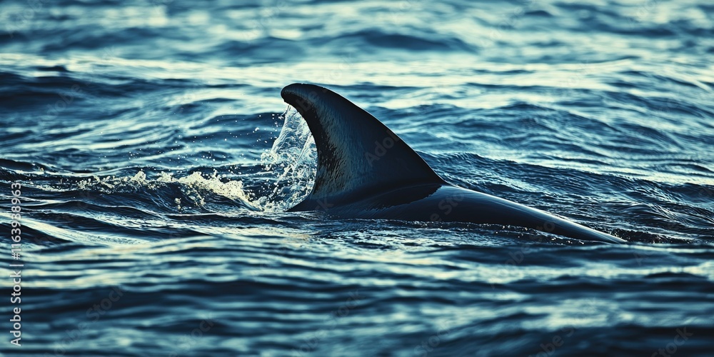 Fototapeta premium The dorsal fin of a dolphin cutting through the water, as it gracefully moves across the sea.