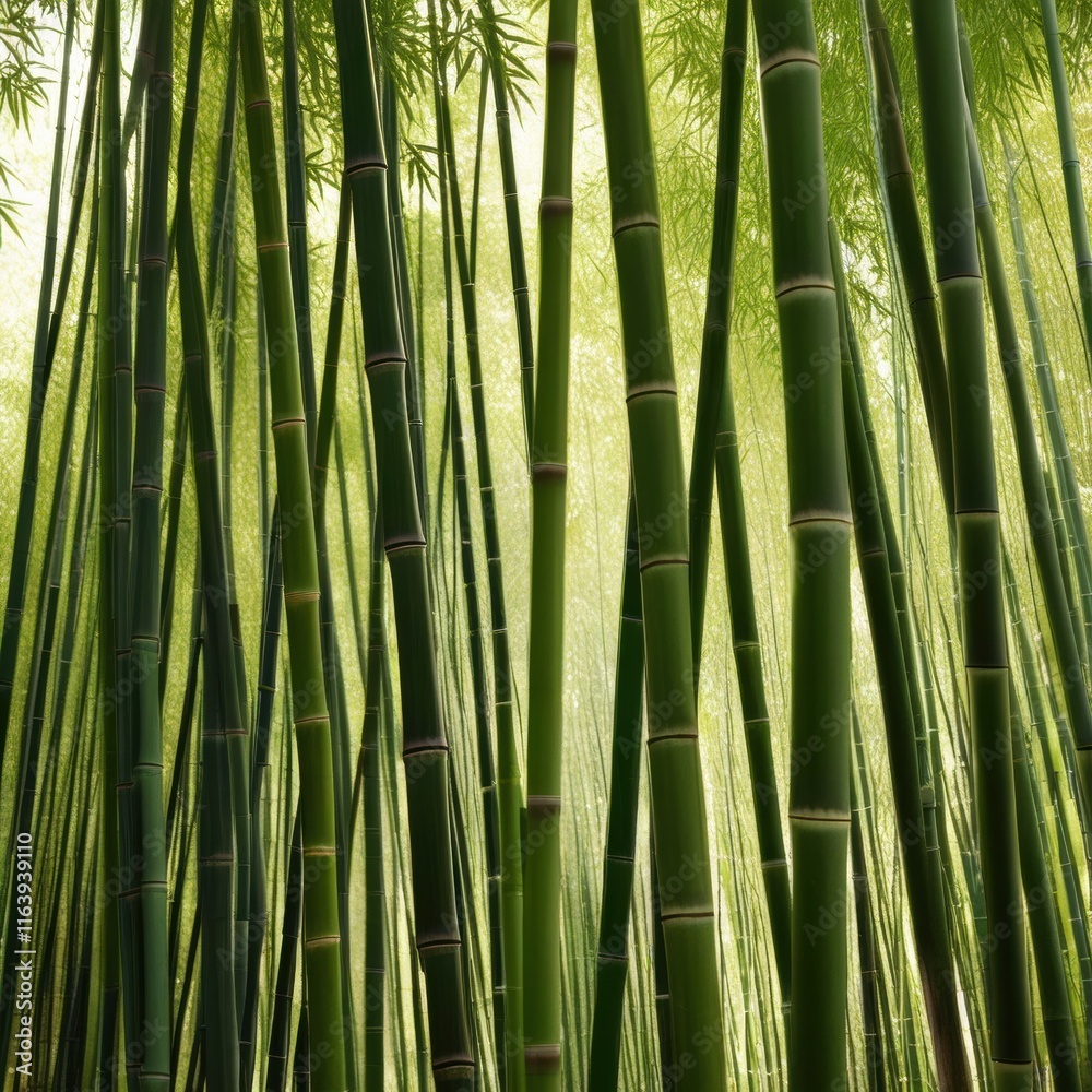 Fototapeta premium A dense grove of tall, slender bamboo stalks bathed in warm sunlight, creating a serene and tranquil scene.